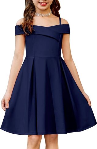 Arshiner Girls Summer Dress Off Shoulder Fold Pleated Formal Elegant A-Line Party Dresses with Pocket in Kuwait