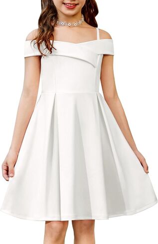 Arshiner Girls Summer Dress Off Shoulder Fold Pleated Formal Elegant A-Line Party Dresses with Pocket in Kuwait