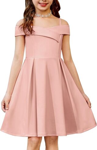 Arshiner Girls Summer Dress Off Shoulder Fold Pleated Formal Elegant A-Line Party Dresses with Pocket in Kuwait