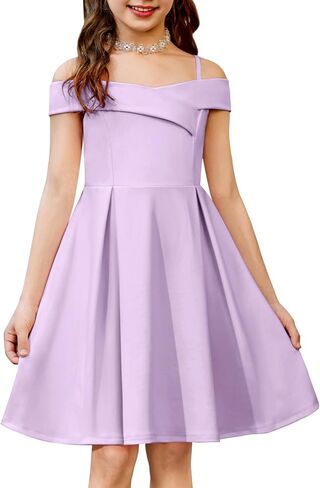 Arshiner Girls Summer Dress Off Shoulder Fold Pleated Formal Elegant A-Line Party Dresses with Pocket in Kuwait