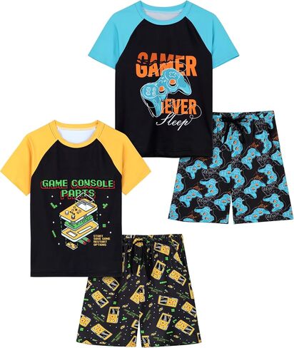 Cooraby 4 Pieces Boys Pajamas Shorts with Drawstring Pockets and Short Sleeve Shirts Teens Loungewear Shorts and Shirts Set in Kuwait
