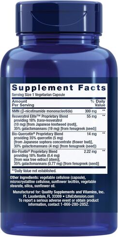 Life Extension NMN with Resveratrol Elite. Nicotinamide Mononucleotide, Trans-Resveratrol, Quercetin & Fisetin. NAD Precursor for Cellular Energy & Healthy Aging. Gluten Free, Non-GMO, 30 Veg Caps in Kuwait