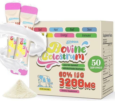 Colostrum Supplement Powder - Grass Fed Bovine Colostrum with 60% IgG, Hyaluronic Acid, Zinc & Biotin | Supports Gut Health, Immune System, Beauty & Hair Growth | Unflavored, 50 Servings Packets in Saudi Arabia