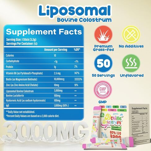 Colostrum Supplement Powder - Grass Fed Bovine Colostrum with 60% IgG, Hyaluronic Acid, Zinc & Biotin | Supports Gut Health, Immune System, Beauty & Hair Growth | Unflavored, 50 Servings Packets in Saudi Arabia