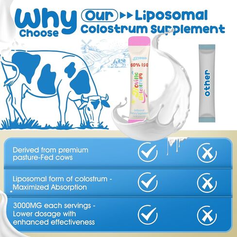 Colostrum Supplement Powder - Grass Fed Bovine Colostrum with 60% IgG, Hyaluronic Acid, Zinc & Biotin | Supports Gut Health, Immune System, Beauty & Hair Growth | Unflavored, 50 Servings Packets in Saudi Arabia