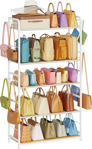 Extra Long 5-Tier Purse Organizer for Closet, Tall Purse Rack Stand with Adjustable Shelves & 12 Hooks, Large Capacity Purse Storage Display Shelf for Tote Bags, Crossbody Bags, Handbag, Dressing Room in Kuwait