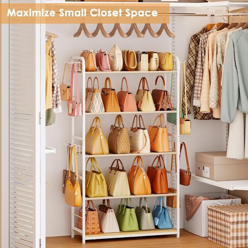 Extra Long 5-Tier Purse Organizer for Closet, Tall Purse Rack Stand with Adjustable Shelves & 12 Hooks, Large Capacity Purse Storage Display Shelf for Tote Bags, Crossbody Bags, Handbag, Dressing Room in Kuwait