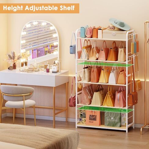Extra Long 5-Tier Purse Organizer for Closet, Tall Purse Rack Stand with Adjustable Shelves & 12 Hooks, Large Capacity Purse Storage Display Shelf for Tote Bags, Crossbody Bags, Handbag, Dressing Room in Kuwait
