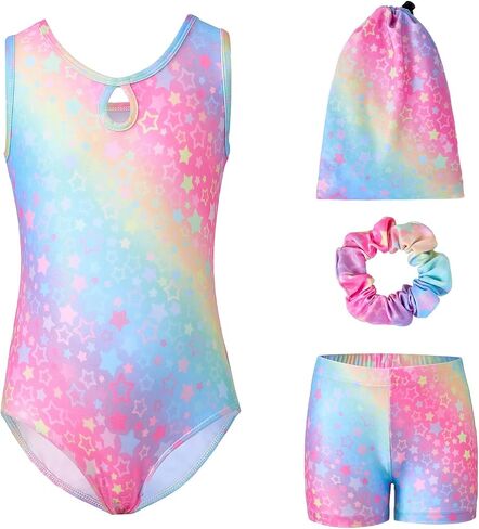 Girls Gymnastics Leotards with Shorts 4-Piece Outfit Storage Bag & Scrunchie for Kids Ages 3-12 in Saudi Arabia