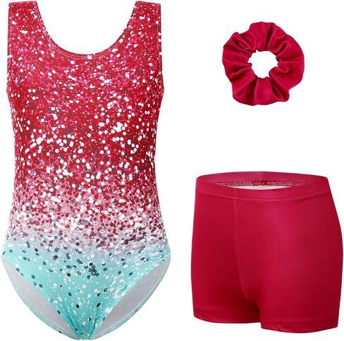 uideazone Gymnastic Leotard for Girls Sparkly Dance Unitards with Shorts and Hair Scrunchie 3Pcs Gym Set for 4-11 Years in Kuwait