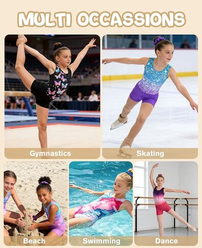 uideazone Gymnastic Leotard for Girls Sparkly Dance Unitards with Shorts and Hair Scrunchie 3Pcs Gym Set for 4-11 Years in Kuwait