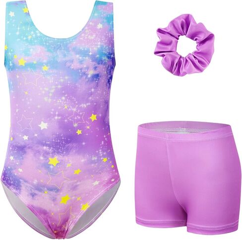 uideazone Gymnastic Leotard for Girls Sparkly Dance Unitards with Shorts and Hair Scrunchie 3Pcs Gym Set for 4-11 Years in Kuwait
