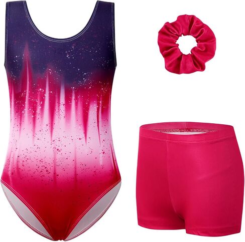 uideazone Gymnastic Leotard for Girls Sparkly Dance Unitards with Shorts and Hair Scrunchie 3Pcs Gym Set for 4-11 Years in Kuwait