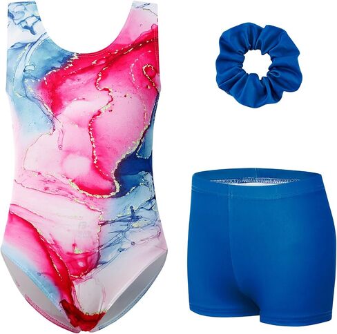 uideazone Gymnastic Leotard for Girls Sparkly Dance Unitards with Shorts and Hair Scrunchie 3Pcs Gym Set for 4-11 Years in Kuwait