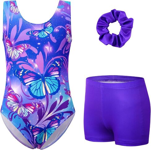 uideazone Gymnastic Leotard for Girls Sparkly Dance Unitards with Shorts and Hair Scrunchie 3Pcs Gym Set for 4-11 Years in Kuwait