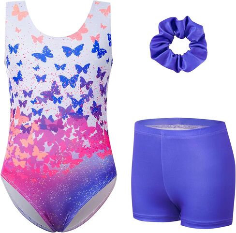 uideazone Gymnastic Leotard for Girls Sparkly Dance Unitards with Shorts and Hair Scrunchie 3Pcs Gym Set for 4-11 Years in Kuwait