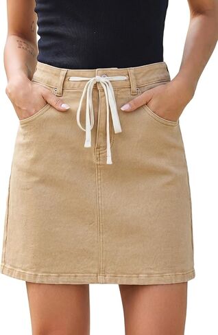 Sidefeel Women's Jean Skirt High Waist Drawstring Stretchy Casual Summer Loose Fit Trendy Mini Denim Skirt with Pockets in Kuwait