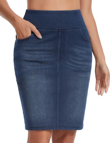 THE GYM PEOPLE Women's High Waist Stretchy Denim Skirt Knee Length Slim Fit Pencil Jean Skirt Back Slit with Pockets in Saudi Arabia