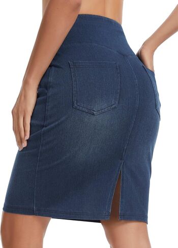 THE GYM PEOPLE Women's High Waist Stretchy Denim Skirt Knee Length Slim Fit Pencil Jean Skirt Back Slit with Pockets in Saudi Arabia