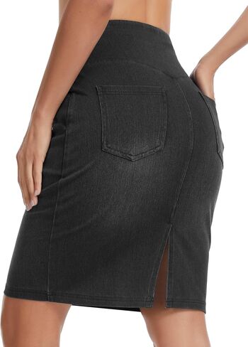 THE GYM PEOPLE Women's High Waist Stretchy Denim Skirt Knee Length Slim Fit Pencil Jean Skirt Back Slit with Pockets in Saudi Arabia