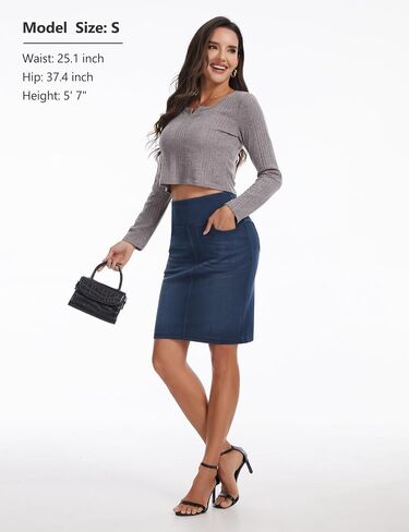 THE GYM PEOPLE Women's High Waist Stretchy Denim Skirt Knee Length Slim Fit Pencil Jean Skirt Back Slit with Pockets in Saudi Arabia