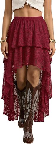 OYOANGLE Women's Summer Y2K Lace Skirt Boho Ruffle Mesh Asymmetrical Long Maxi Skirt CowlGirl Going Out Outfits in Kuwait