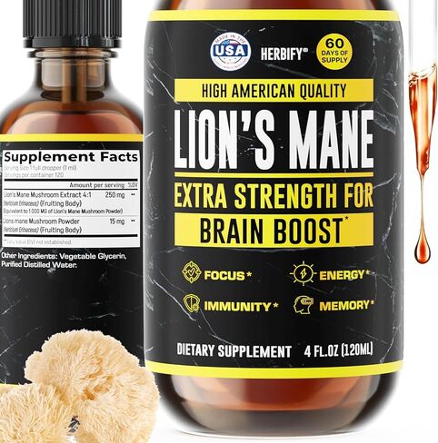 HERBIFY Lions Mane Supplement - Daily Mushroom Supplement for Memory, Focus & Clarity - Brain Booster - Lions Mane Tincture for Immune Support - 4 Fl oz in Saudi Arabia