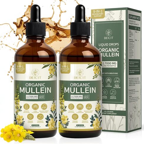 Organic Mullein Drops 2 Pack for Lungs Cleanse & Detox - Mullein Leaf Extract Liquid Tincture 9-IN-1 Select Herbal Mixture - Break up Mucus, Respiratory, Immunity, Digestion Health 6 fl oz (180 ml) in Kuwait