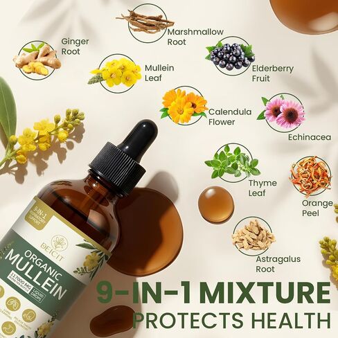Organic Mullein Drops 2 Pack for Lungs Cleanse & Detox - Mullein Leaf Extract Liquid Tincture 9-IN-1 Select Herbal Mixture - Break up Mucus, Respiratory, Immunity, Digestion Health 6 fl oz (180 ml) in Kuwait