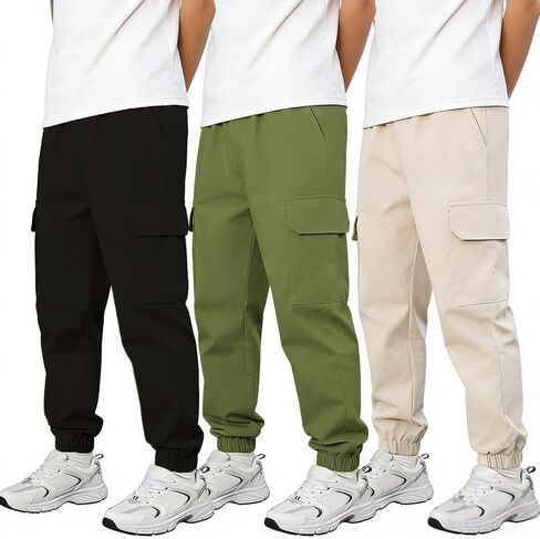 3-Pack Boys Quick Dry Cargo Pants, Lightweight Athletic Joggers Outdoor Hiking Sweatpants for Kids Size 8-12Y in Saudi Arabia