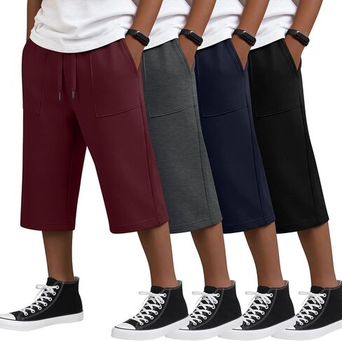 4 Pack Boys Cropped Pants Below Knee 3/4 Long Shorts Casual Capri Sweatpants with Pockets for Summer School Wear in Kuwait