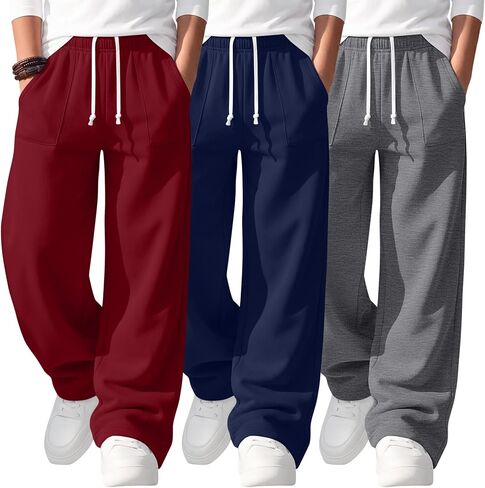 3 Pack Boys Wide Leg Sweatpants 6-14Y Elastic Waist Open Bottom Drawstring Athletic Workout Joggers Pants Pockets in Saudi Arabia