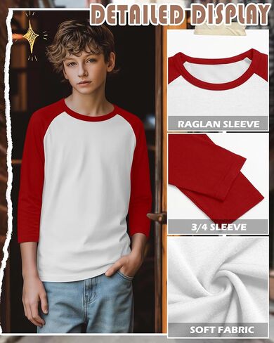 Boys 3/4 Sleeve T Shirts Kids Baseball Raglan Shirts Youth Crew Neck Basic Tees Breathable Jersey 2026 5-14Y in Saudi Arabia