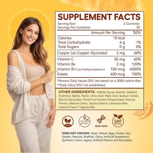 Copper Glycinate Gummies, Skin & Hair Health, 2mg Chelated Copper Supplements for Women with Vitamin C, B6, B12 & Folate, Red Blood Cell, Energy & Immune Support, Sugar-Free, Vegan, 60 Gummies in Saudi Arabia