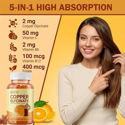 Copper Glycinate Gummies, Skin & Hair Health, 2mg Chelated Copper Supplements for Women with Vitamin C, B6, B12 & Folate, Red Blood Cell, Energy & Immune Support, Sugar-Free, Vegan, 60 Gummies in Saudi Arabia