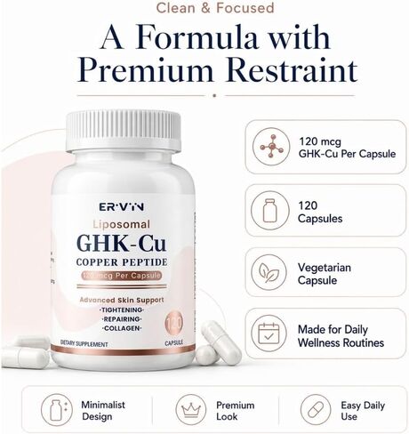 Erivyn Liposomal GHK-Cu Copper Peptide Supplement for Daily Skincare Routines, 120 mcg per Capsule, 120 Vegan Capsules, Beauty-from-Within Support for Skin Elasticity & Firmness in Saudi Arabia