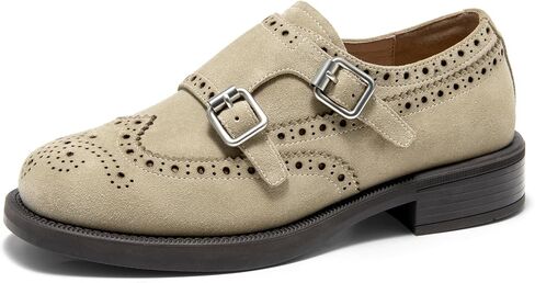 BEAU TODAY Women's Loafers, Suede Leather Loafers for Women, Monk Strap Loafers Shoes, Comfortable Round Toe Slip-Ons Brogue Wingtip Loafer Flats for Business Office Casual Dress Shoes in Kuwait