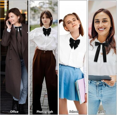 2Pcs Pre-Tied Women's Bow Ties, Adjustable Satin Neckties for Ladies, Button-Detachable Bow Tie Set for Work, Parties, Weddings, and Costume Accessories (Black) in Kuwait