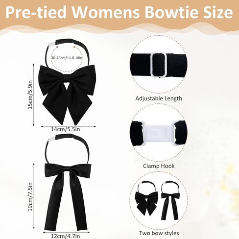 2Pcs Pre-Tied Women's Bow Ties, Adjustable Satin Neckties for Ladies, Button-Detachable Bow Tie Set for Work, Parties, Weddings, and Costume Accessories (Black) in Kuwait