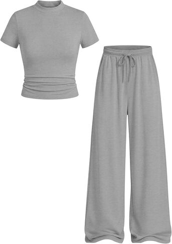 Yooo's Vivi Girls' 2 Piece Outfits Teen Summer Fashion Sets Mock Neck Short Sleeve Tops Drawstring Wide Leg Pants Pockets in Kuwait