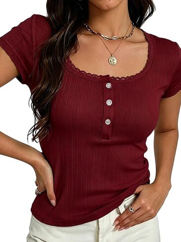 Eniloyal Cute Y2K Women Top Henley Lace Scoop Neck Summer T Shirt Short Sleeve Fashion Crop Slim Fit Teen Tees 2026 in Kuwait