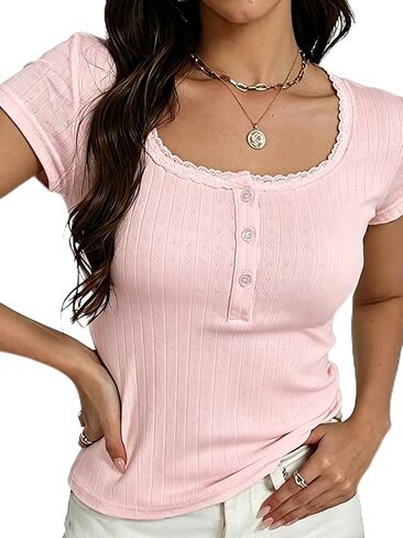 Eniloyal Cute Y2K Women Top Henley Lace Scoop Neck Summer T Shirt Short Sleeve Fashion Crop Slim Fit Teen Tees 2026 in Kuwait