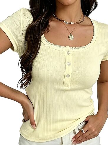 Eniloyal Cute Y2K Women Top Henley Lace Scoop Neck Summer T Shirt Short Sleeve Fashion Crop Slim Fit Teen Tees 2026 in Kuwait