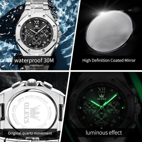 OLEVS Octagonal Watches for Men, Classic Stainless Steel Large Face Mens Dress Watches, Casual Waterproof Quartz Watches for Men, White/Black/Blue/Gold Dial in Saudi Arabia