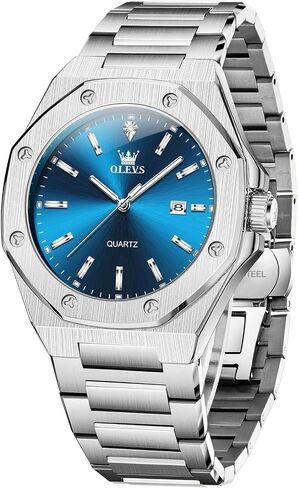 OLEVS Octagonal Watches for Men, Classic Stainless Steel Large Face Mens Dress Watches, Casual Waterproof Quartz Watches for Men, White/Black/Blue/Gold Dial in Saudi Arabia