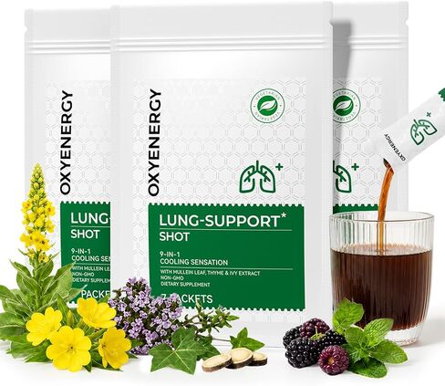 OxyEnergy Mullein Leaf Extract for Lungs, 9-in-1 Lung Detox for Smokers with Thyme, Ivy, Licorice & Quercetin, Mucus Relief, Respiratory & Immune Support, Alcohol Free, Non-GMO, 21 Sticks Mint Berry in Saudi Arabia