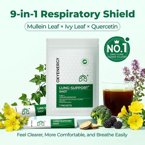 OxyEnergy Mullein Leaf Extract for Lungs, 9-in-1 Lung Detox for Smokers with Thyme, Ivy, Licorice & Quercetin, Mucus Relief, Respiratory & Immune Support, Alcohol Free, Non-GMO, 21 Sticks Mint Berry in Saudi Arabia