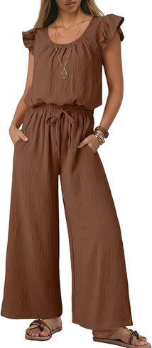 Jumpsuits for Women Summer Casual Square Neck Ruffle Sleeves Rompers Drawstring Wide Leg Overalls with Pockets in Saudi Arabia