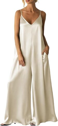 Womens Satin Wide Leg Jumpsuits Dressy Casual Flowy Spaghetti Strap Date Night Rompers One Piece Outfits in Kuwait