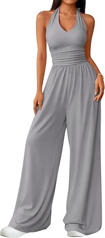 ZESICA Women's Summer 2026 Sleeveless Halter Neck Jumpsuits One Piece Wide Leg Jumper Rompers Beach Vacation Outfits in Kuwait